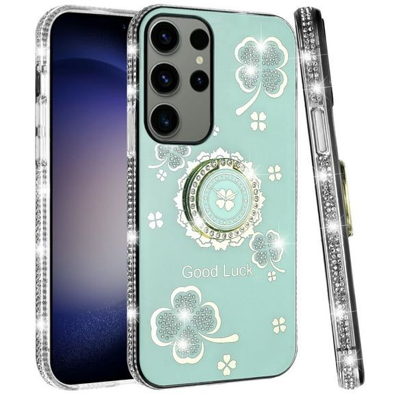 For Samsung Galaxy s24 Ultra Splendid Glitter with Diamonds All Around Edges Ring Stand Case Cover - Teal