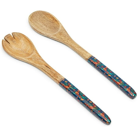 

2 Pack Wooden Kitchen Utensil Set with Rounded Fork & Solid Spoon for Salad and Cooking Floral Design 12 in.