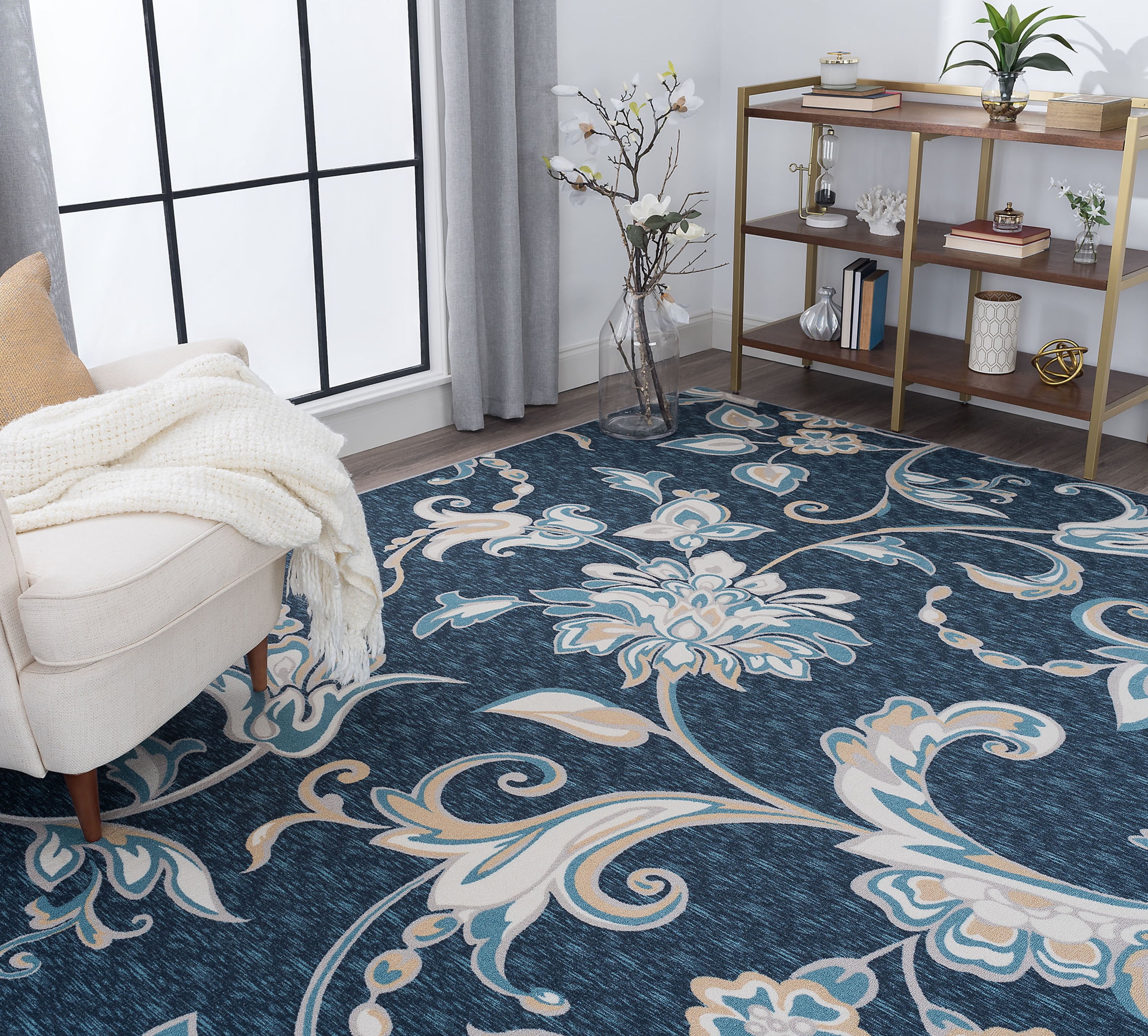 Transitional 7x10 Area Rug (6'7'' x 9'6'') Floral Navy, Aqua Living Room Easy to Clean