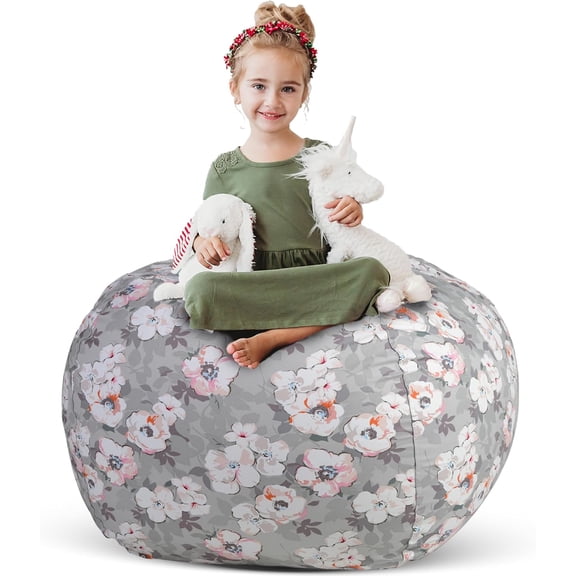 Extra Large 38 Inch Bean Bag Storage Cover for Stuffed Animals and Toys Giant Beanbag Chair for Kids Ages 3 to 14 Bedroom Organizer Grey Floral