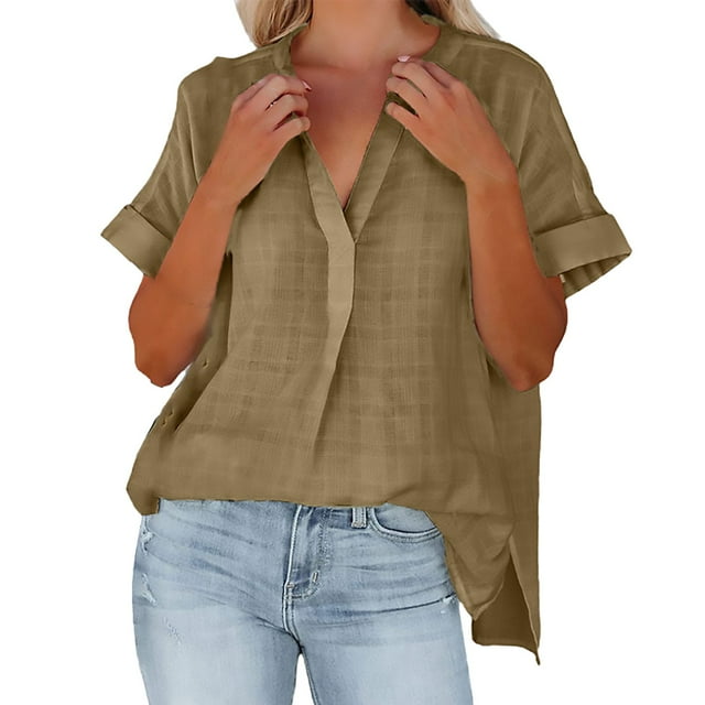 Blouse pour Femmes, Manches Courtes d'Été, Col en V Fin, Tunique Décontractée