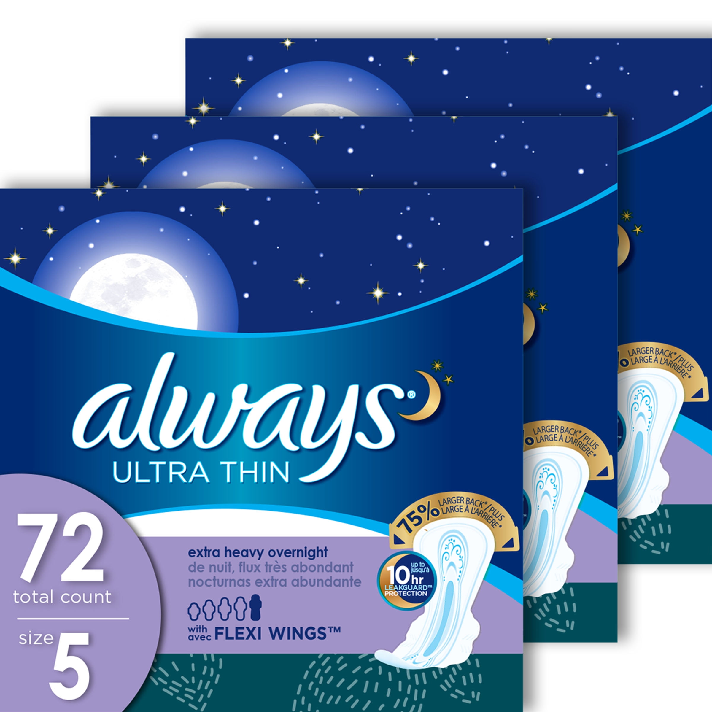 Always Ultra Thin Overnight Pads, Winged, Unscented, Size 5, 72 ct