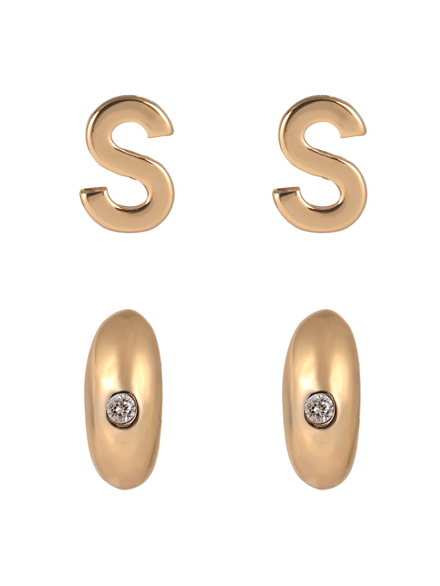 Time and Tru Goldtone 3-On Crystal Stud, Hoop, Initial "S" Earring Set