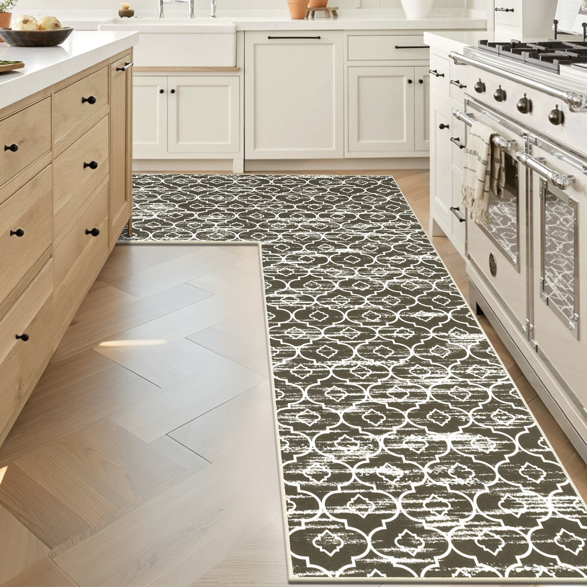MeyJey Corner Kitchen Rug, 1 Piece Anti-Slip L Shape Kitchen Mat for Floor, Absorbent Runner in Front of Sink, Washable Floor Rugs for Home,Kitchen(Brown-L,24”x 71”x 71”)