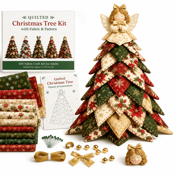 Quilted Christmas Tree Kit with Fabric and Pattern, 3D DIY Patchwork Craft Set for Beginners, Handmade Tabletop Christmas Tree Decor for Mantel Table Office Holiday Display