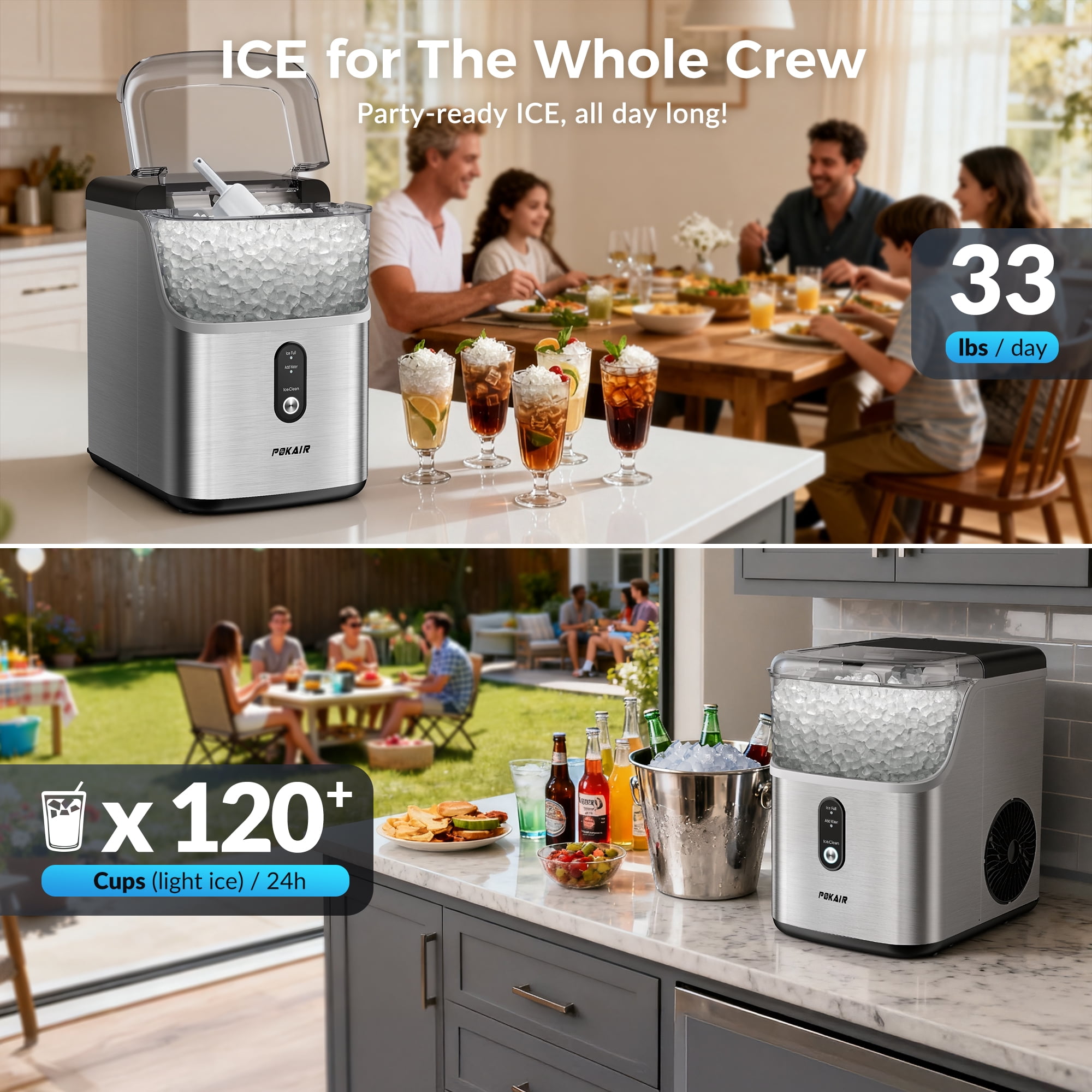 POKAIR Nugget Ice Maker Countertop, Sonic-Style Chewable Pebble Ice in 9 Min, 33 lbs/Day, Self-Cleaning, One-key Control, ETL, Brushed Stainless Steel
