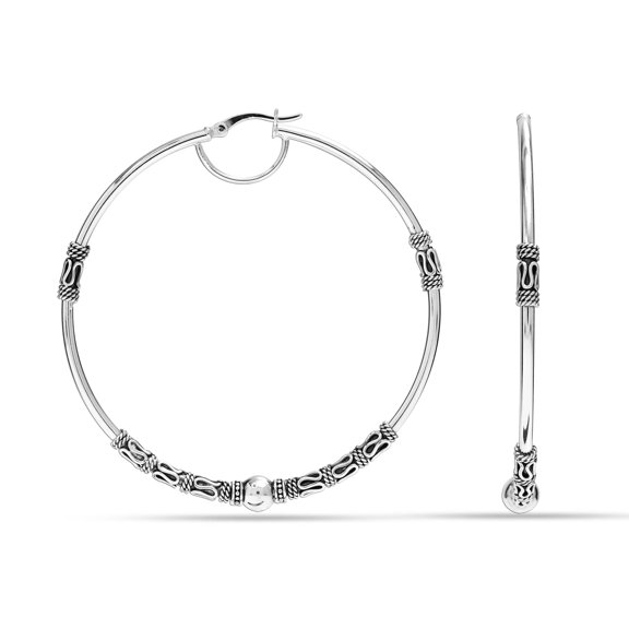 LeCalla 925 Sterling Silver LARGE Antique Bead Balinese Round Click-Top Hoop Earrings for Women and Teen 60MM