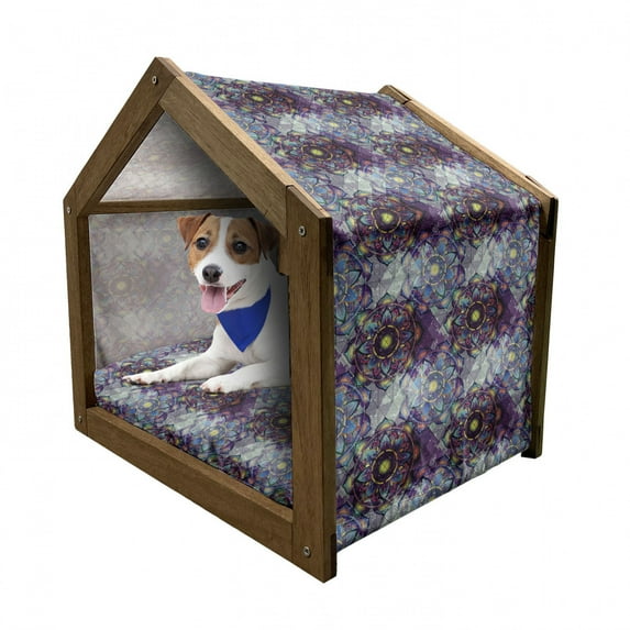 Lotus Pet House, Psychedelic Surreal Geometry Mandala Background Futuristic Effects Print, Outdoor & Indoor Portable Dog Kennel with Pillow and Cover, 5 Sizes, Multicolor, by Ambesonne
