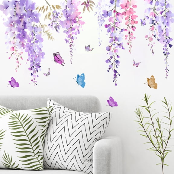 Purple Flowers Decals Butterfly Floral Wall Stickers for Living Room Bedroom Background Wall Decorative Art  Removable Peel and Stick 15.7"X23.2"
