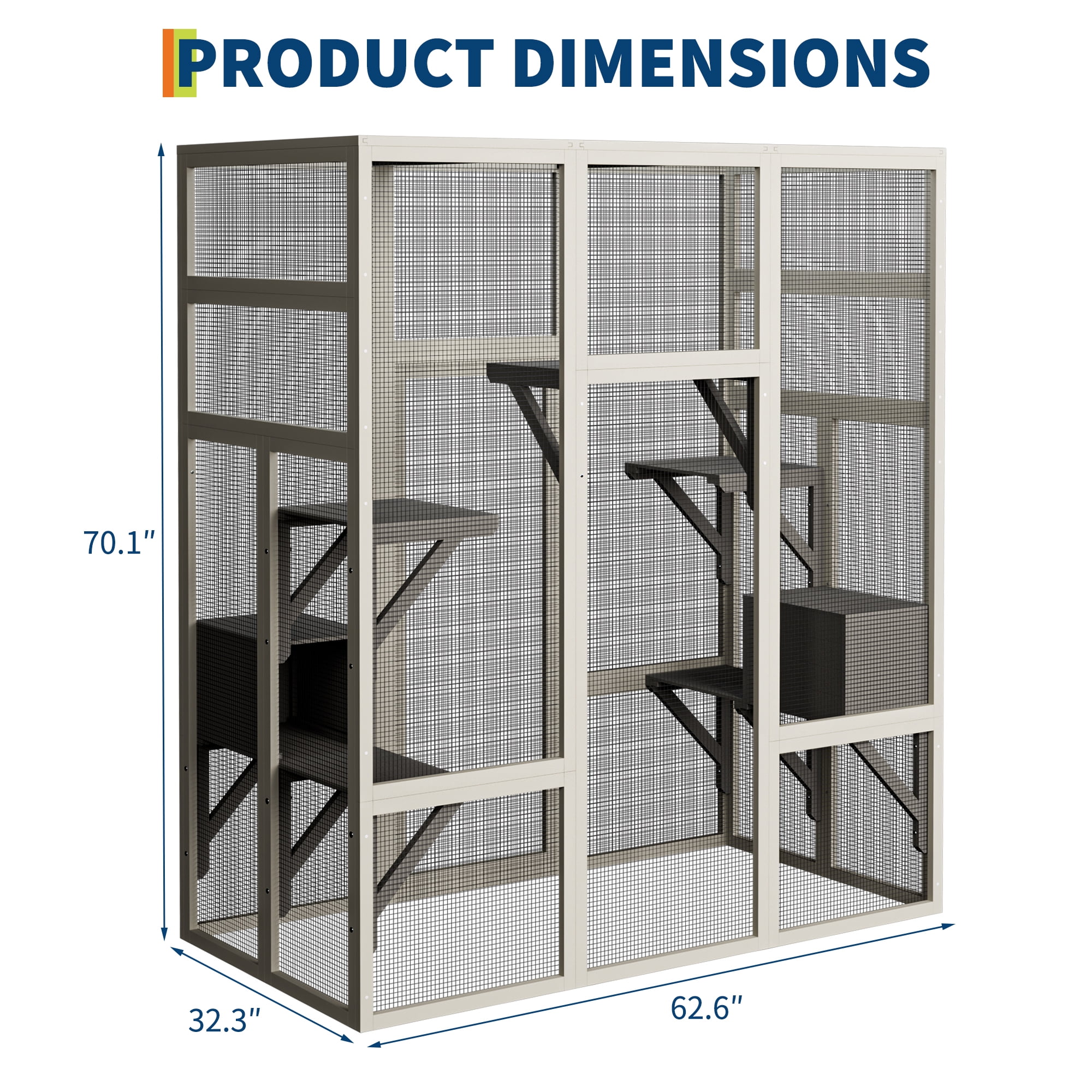 Catio Outdoor Cat Enclosure with 7 Platforms, 2 Resting Boxes, Large Window Cat House for 4-6 Mulitiple Cats Walk in Kitty Cage 70"
