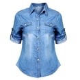 thumbnail image 4 of Spring Women Blue Jean Blouses Soft Denim Long Sleeves Shirt Slim Tops, 4 of 5