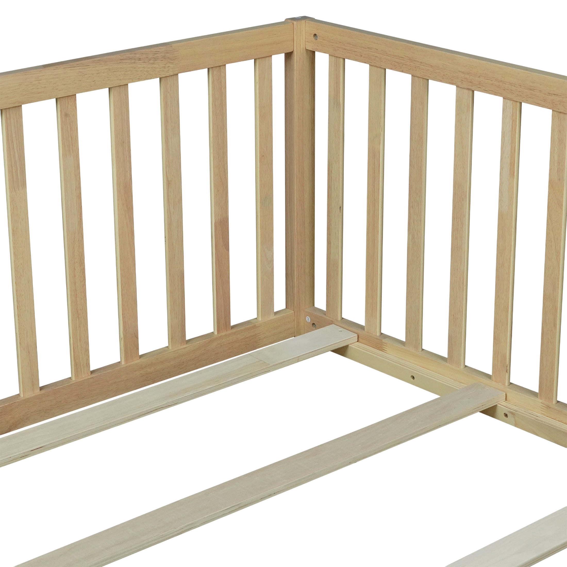 PORKISS Full Size Floor Bed with Door and Fence, Twin Size Bed Frame with Bed Slats, Sturdy Wood Floor Bed for Kids, Boys, Girls, Montessori Bed Frame, Natural