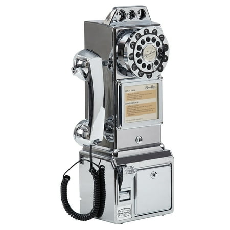 Ryan Bros. American Retro 1950's Payphone with Coin Bank Wall-Mount Corded Phone (Silver Chrome)