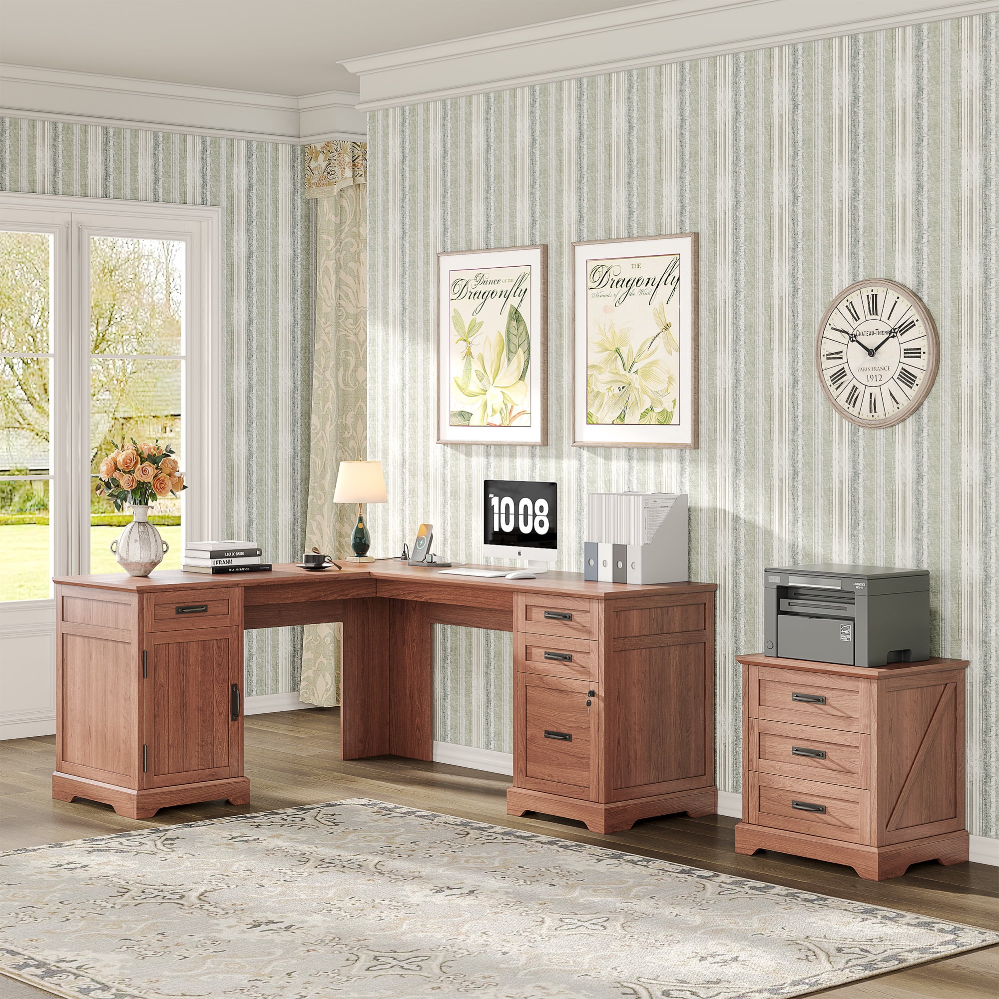 67'' Farmhouse L Shape Desk with File Drawers and Charging Station for Home Office, Cherry Brown