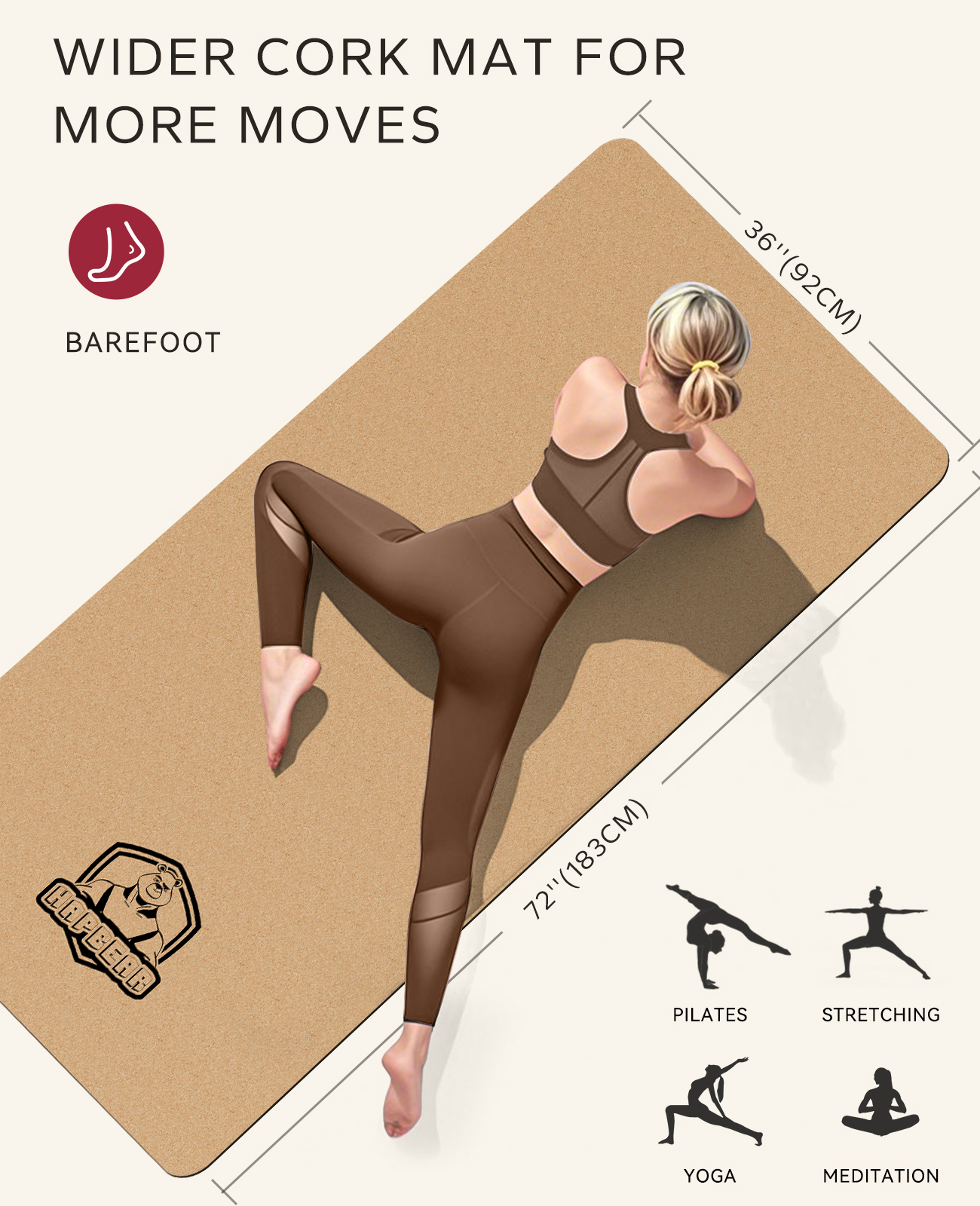 Extra Wide Cork Yoga Mat 6ft x 3ft - Non-Slip Exercise Mat for Home Workouts, Pilates & Stretching - 6mm Thick Eco-Friendly Mat with Resistance Bands & Carry Bag