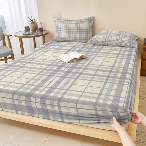 Twin XL Size Fitted Sheet Set - Buffalo Plaid 2 Piece Bedding Sets 16" Deep Pocket Fitted Sheet with 1 Pillowcases, Lavender Lilac Farmhouse Gingham Striped Brushed Microfiber Hotel Luxury Bed Sheets