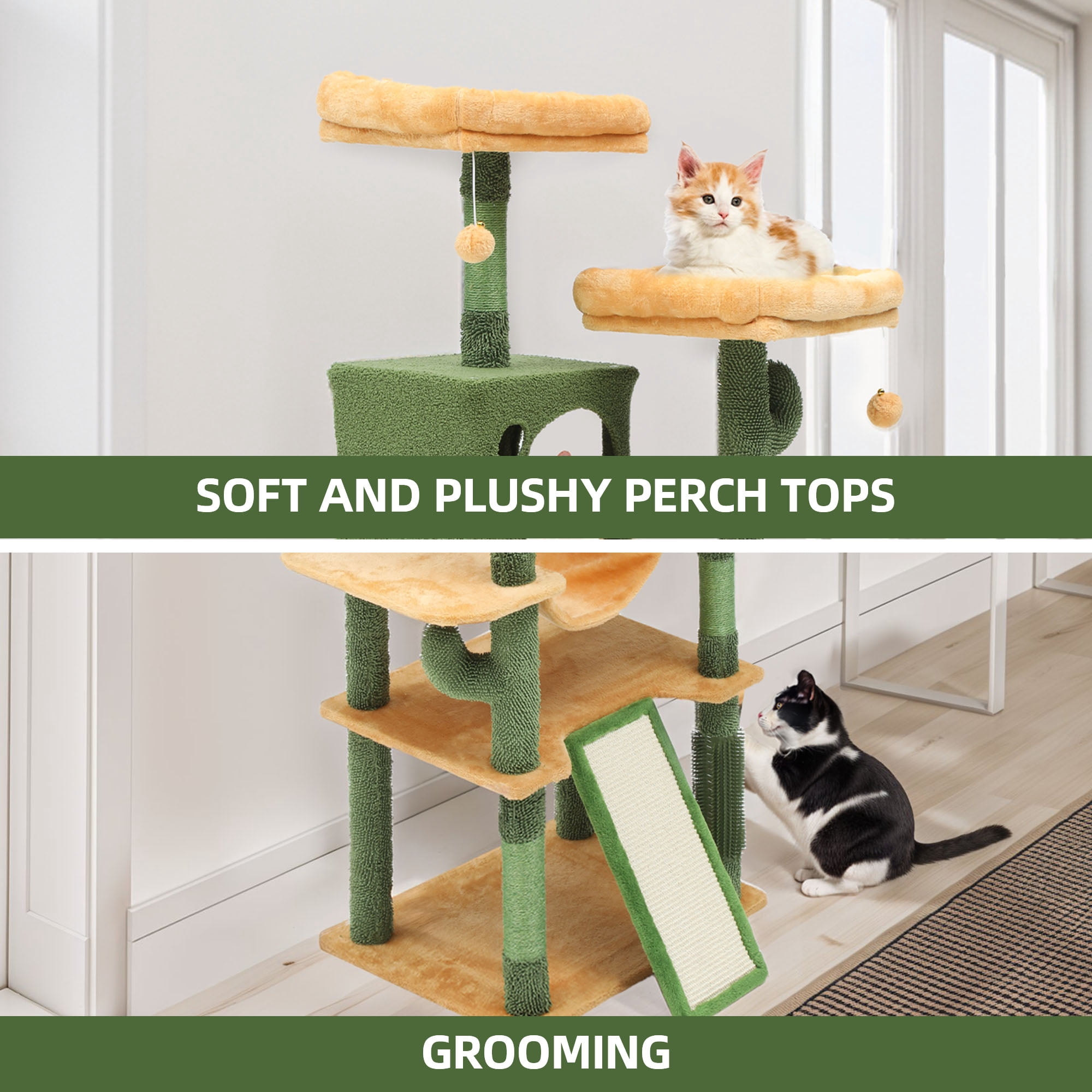 Uforic Large 76" Cactus Cat Tree Tower with Sisal Scratching Posts, Multi-Level Cat House and Condo, Green & Yellow