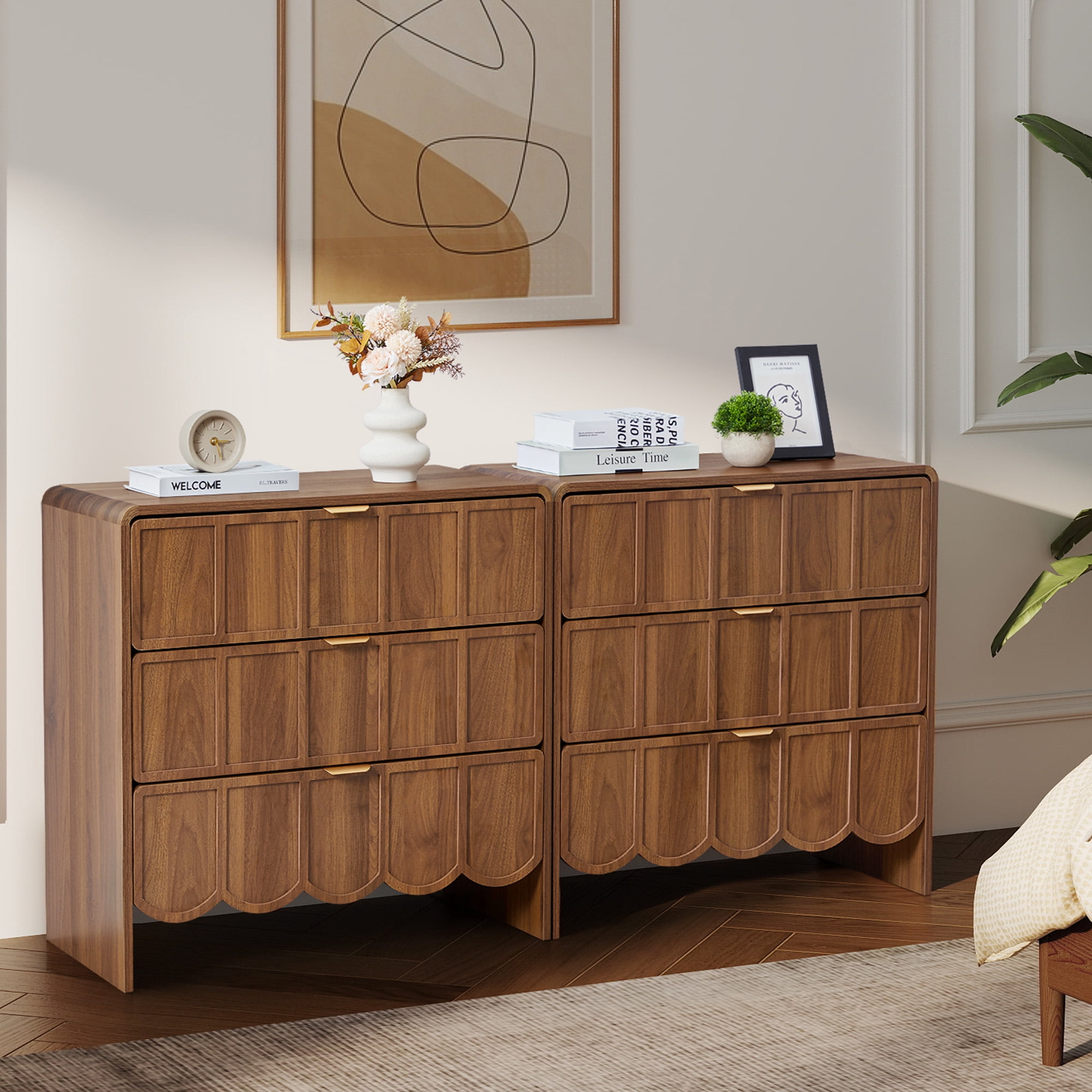 Weselon 3 Drawer Dresser for Bedroom, Modern Wave Panel Chest of Drawers, Closet Storage Cabinet, Walnut