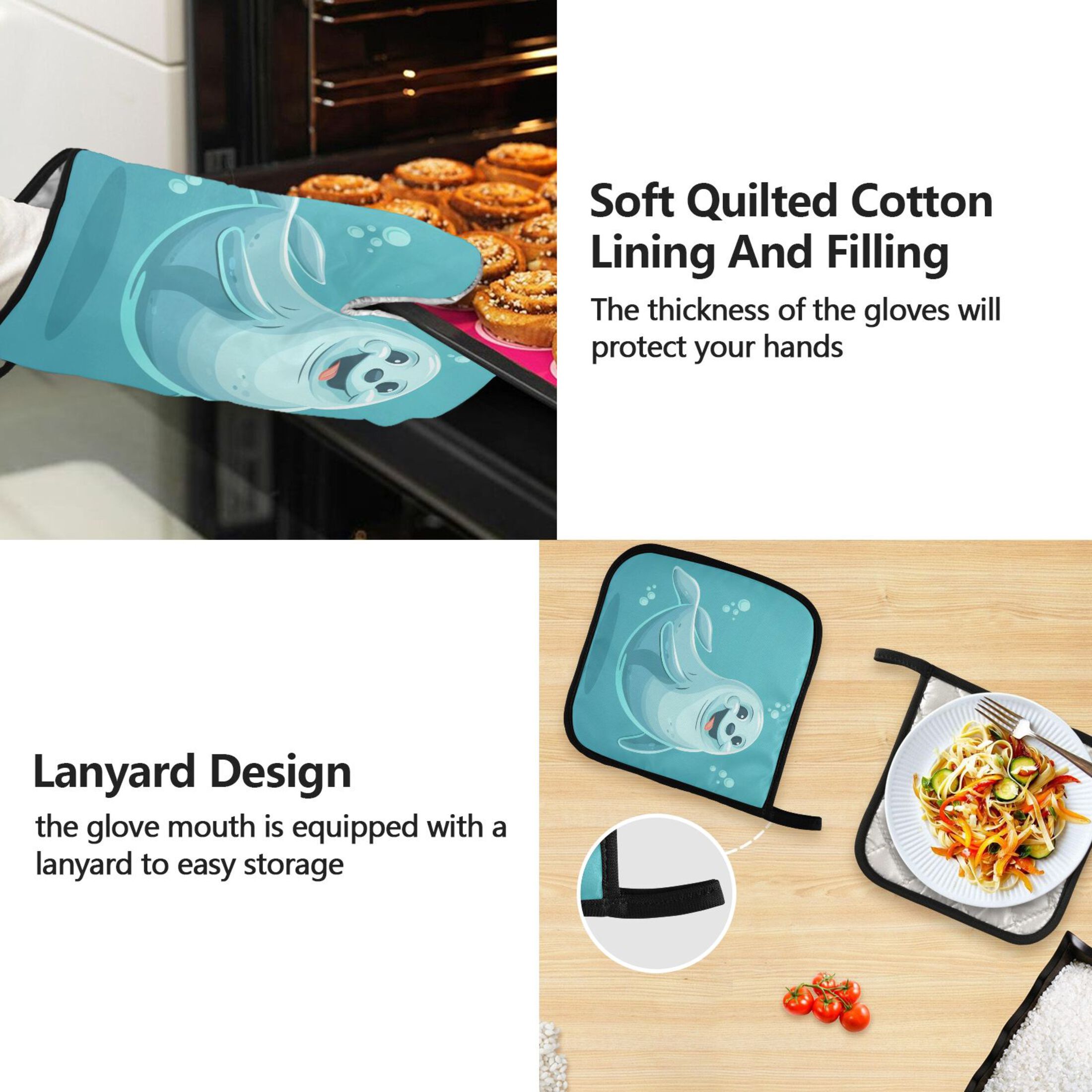 Cute Seal 5 Pcs Kitchen Set Heat Resistant Oven Mitts and Non-Slip Pot Holders with Adjustable Cooking Apron