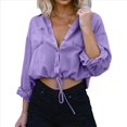 thumbnail image 3 of Camisa Vaquera Corta para Mujer, con Mangas 3/4 Enrolladas, Informal, Holgada, con Cordón Ajustable en el Dobladillo y Botones en la Parte Delantera. Púrpura S, 3 of 9