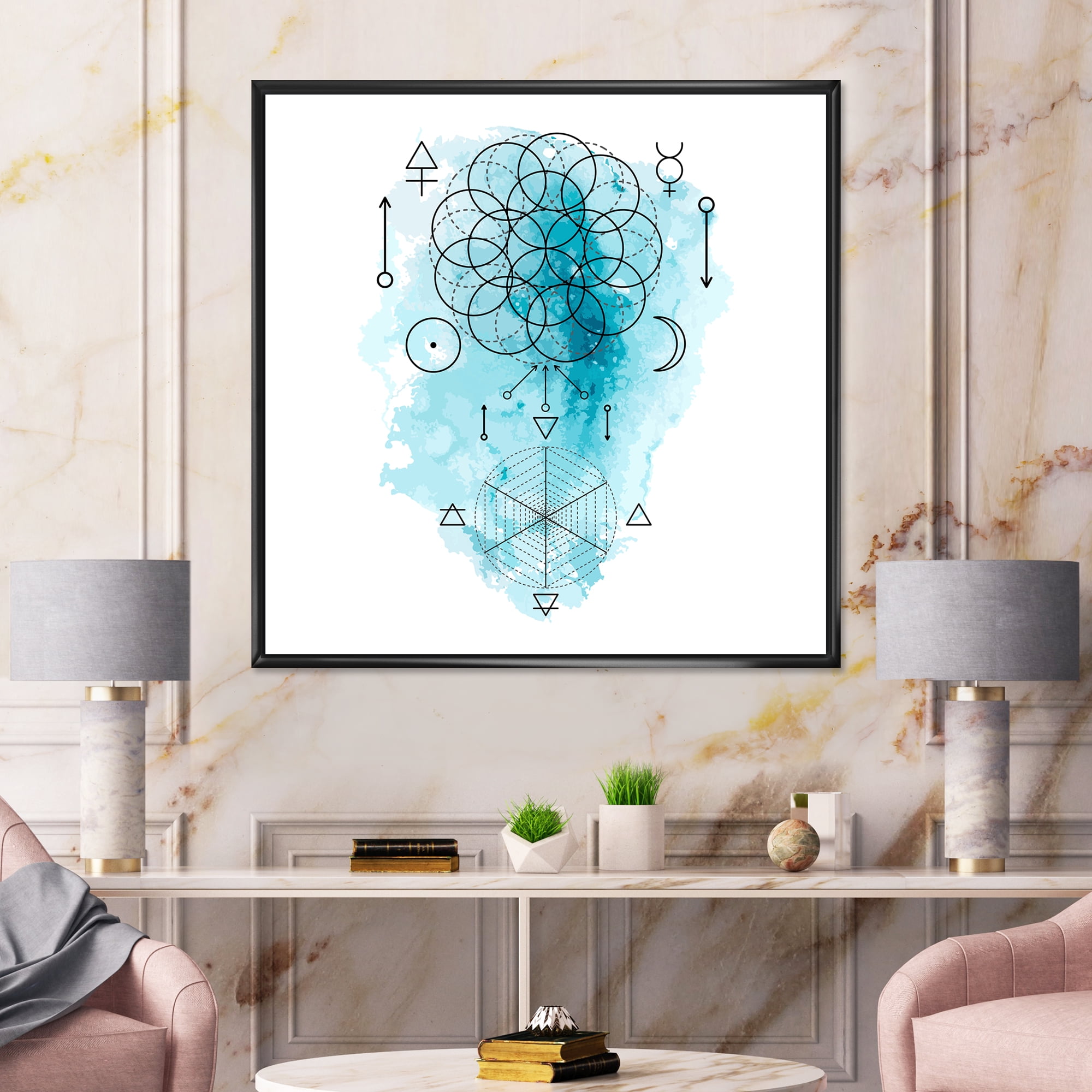Designart 'Sacred Geometry and Symbol of Alchemy I' Bohemian & Eclectic Framed Canvas Wall Art Print
