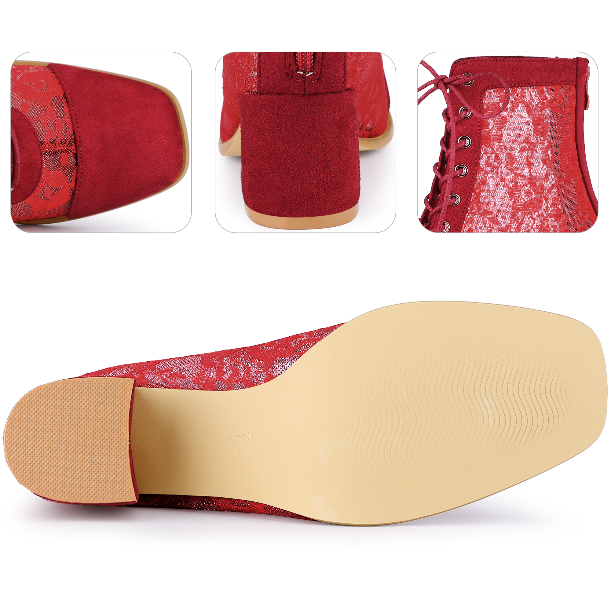 DARING DIVA Square Toe Flowers Lace Block Heels Ankle Boots Red 8