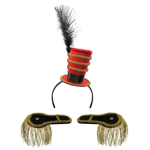 Nicky Bigs Novelties Mini Ringmaster Top Hat Headband with Black Feather and Gold Trim Shoulder Epaulettes with Gold Fringe Circus Carnival Toy Soldier Ring Leader Costume Accessory for Adults