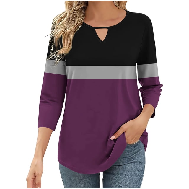 Timegard Womens Tops 3/4 Length Sleeve Keyhole Neck Block Color Blouse Casual Tunic Tops Tee Fashion