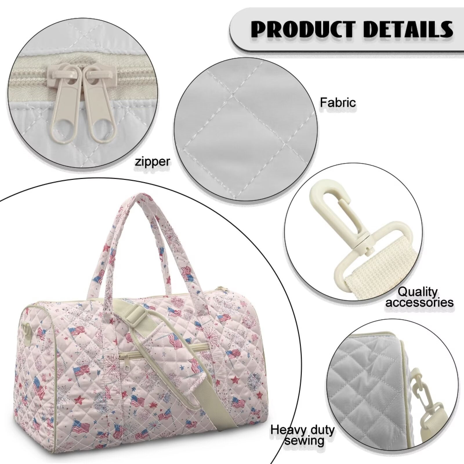 Xixirimido American Flags Firework Pink Print Women Quilted Travel Duffle Bag Duffel Overnight Bags Large Carry on Tote Bag Weekender Traveling Yoga Gym Hospital Bag