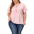 thumbnail image 2 of Plus Size Blouse for Women Self Tie Neck Lace Hollow Out Ruffle Short Sleeve Tops Pink 3X, 2 of 6