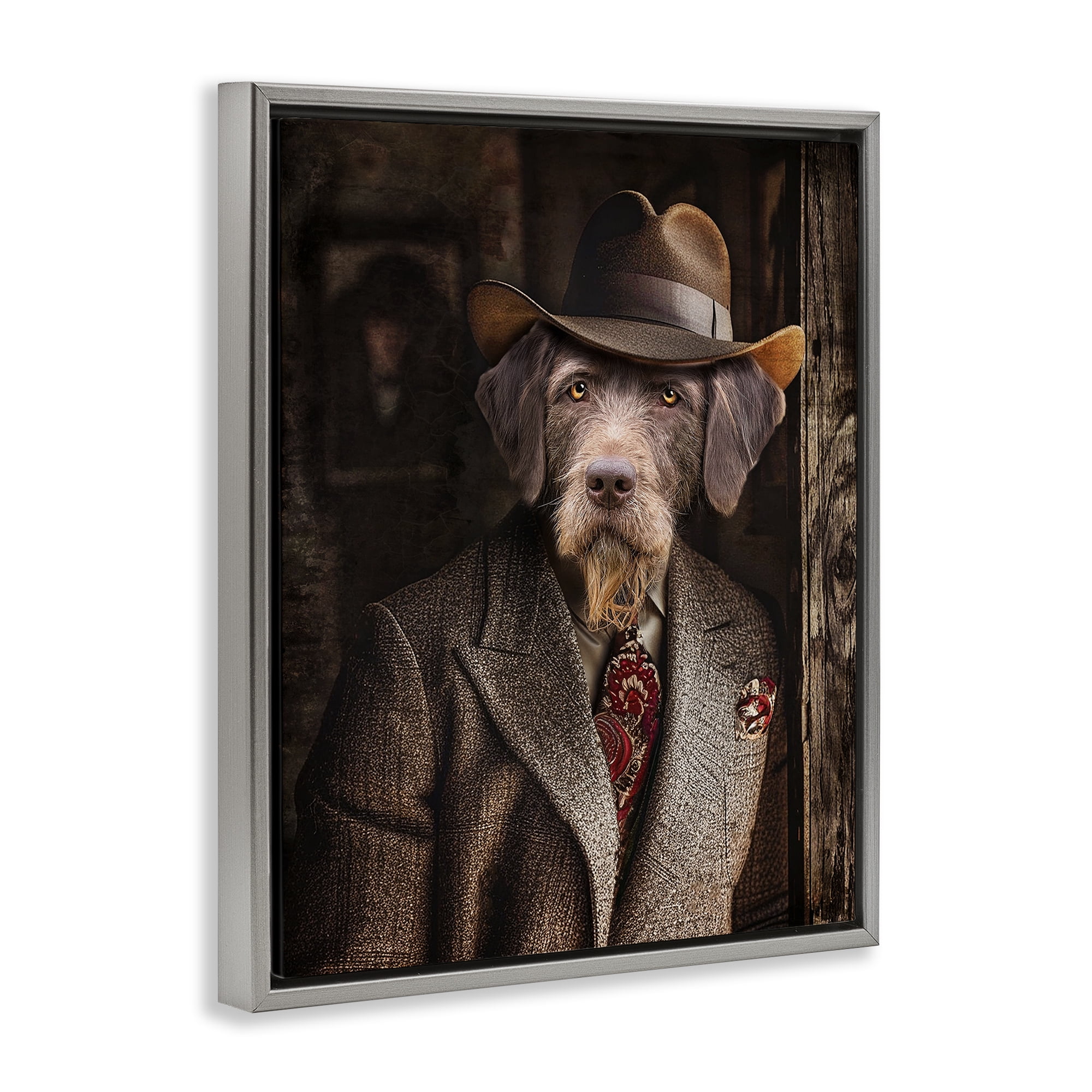 Stupell Industries Classic Dog in Suit Animals & Insects Painting Gray Floater Framed Canvas Art Print Wall Art, 17 x 21