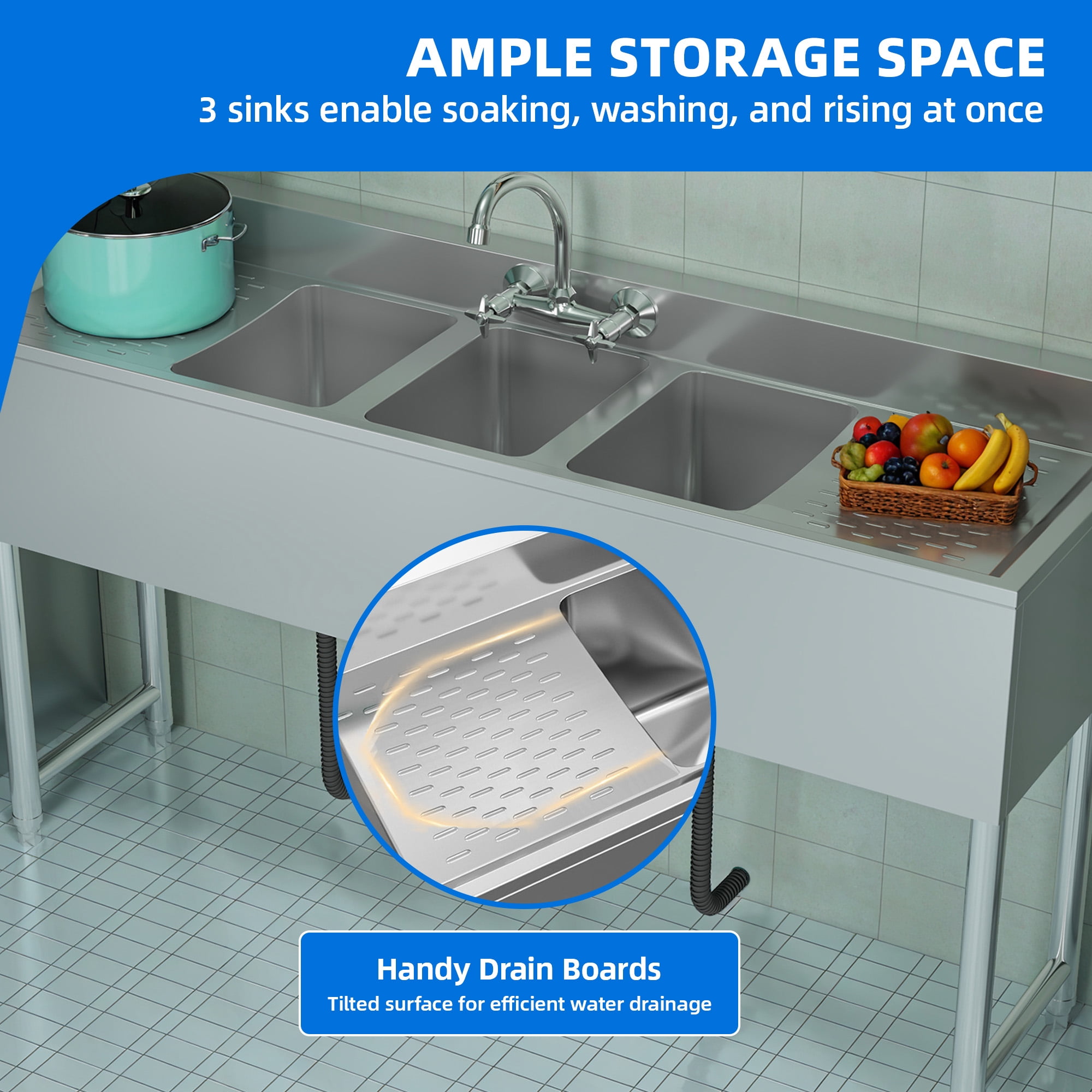 Dextrus Kitchen Sink 3 Compartment Stainless Steel Sink with Double&nbsp;Drainboard&nbsp;Commercial Freestanding Sink for Restaurant, Garage, Utility Sink 60" W x 16" D x 32" H