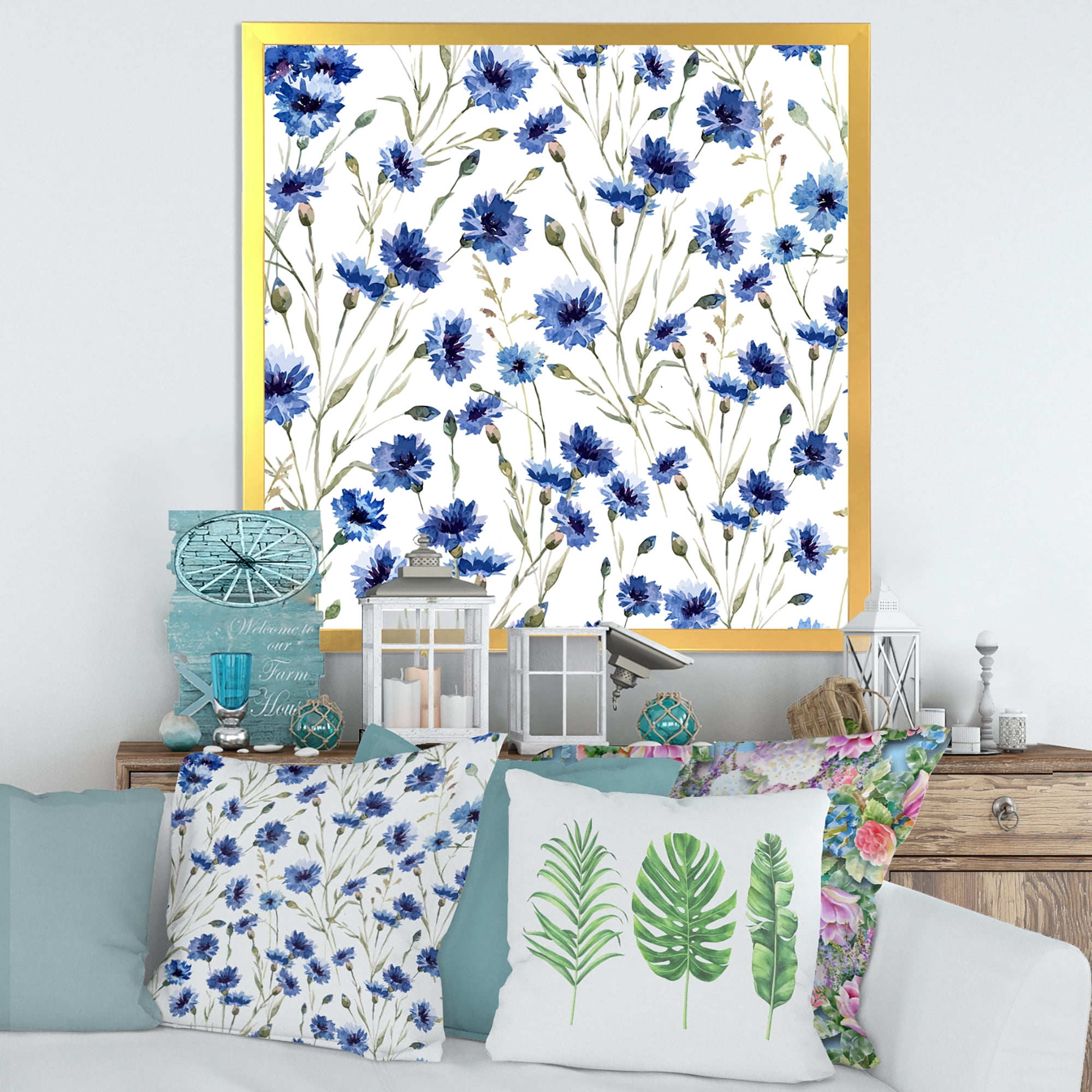 Designart 'Blue Wildflowers With Green Leaves On White' Traditional Framed Art Print