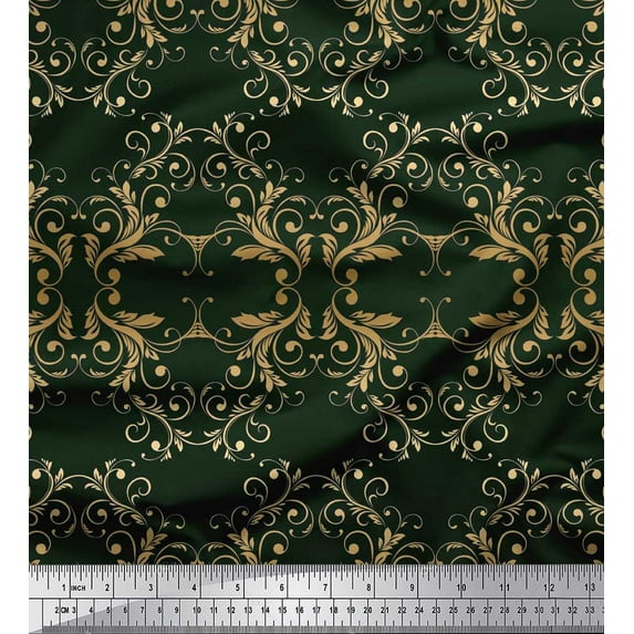 Soimoi Silk Fabric Filigree Damask Print Fabric by Yard 42 Inch Wide