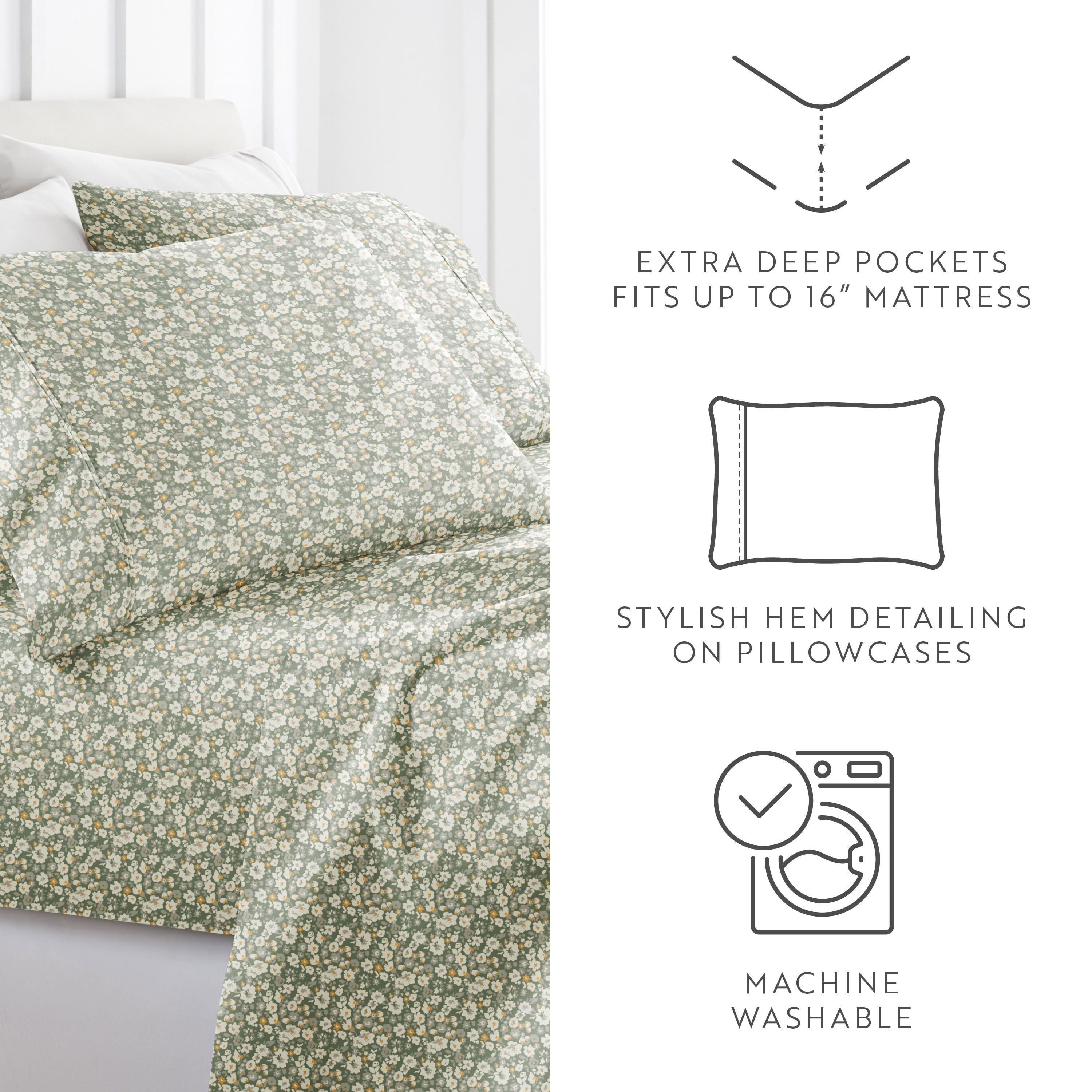 Noble Linens 4 Piece Pattern Microfiber Bed Sheets Set, Floral Dream Eucalyptus, Cal King