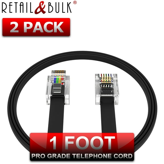 RetailAndBulk (2-Pack) 1 Foot Telephone Cable, RJ11 Male to Male 6P4C Phone Line Cord (12 inch, Black)