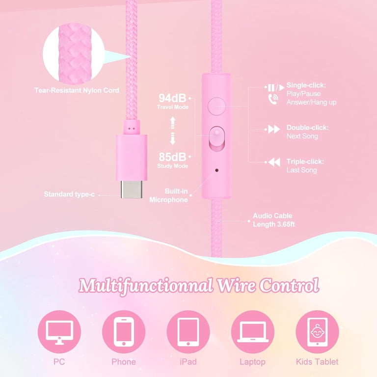 QearFun USB-C Kids Headphones, 85/94dB Volume Limit, Pink photo 5