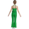 thumbnail image 5 of iiniim Girls Sequins Jumpsuit One Piece Fish Scale Performance Leotard Mermaid Mesh Halter Flared Leg Bodysuit Green 14, 5 of 7