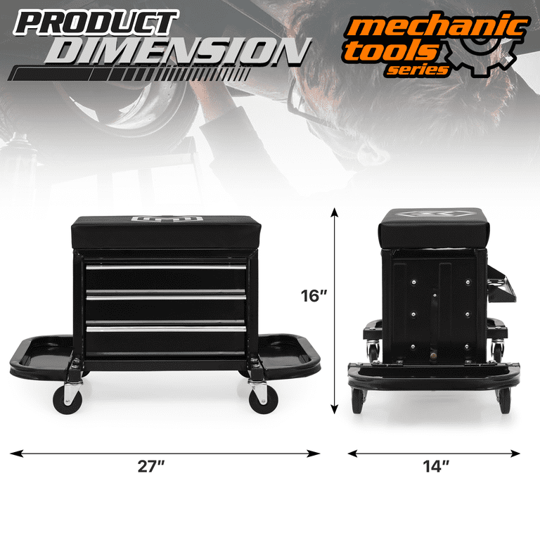 Rolling Mechanics Creeper Seat With Tool Tray – 360° Swivel, 250 Lb Capacity, Low-Profile Shop Stool