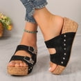 thumbnail image 2 of Women's Platform Sandals Cork Footbed Wedges Heels Slip on Slides Fashion Butterfly Buckle Strap Comfy Arch Suppport Summer Beach Vacation Dress Shoes Black Size 6.5, 2 of 5