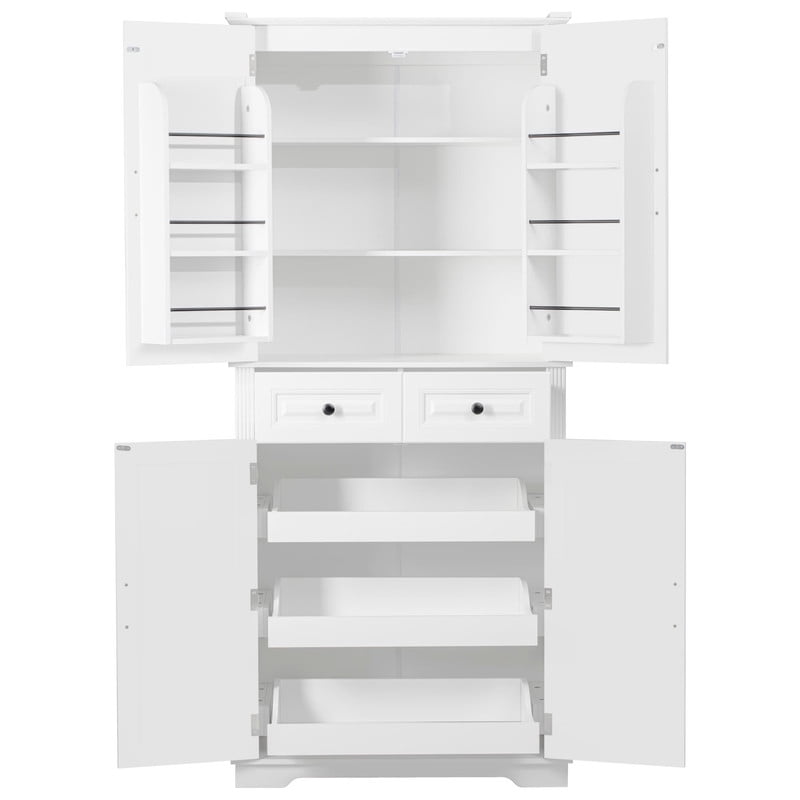 Farmhouse Kitchen Pantry Cabinet with 3 Pull Out Cabinet Organizers, Tall Kitchen Storage Cabinet with 2 Drawers, Freestanding Kitchen Cupboard with 6 Door Shelves