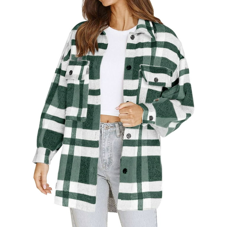 Yinguo Womens Long Sleeve Button Down Plaid Shirts Flannel Hooded Shacket  Jacket Hoodie Coats Green XL
