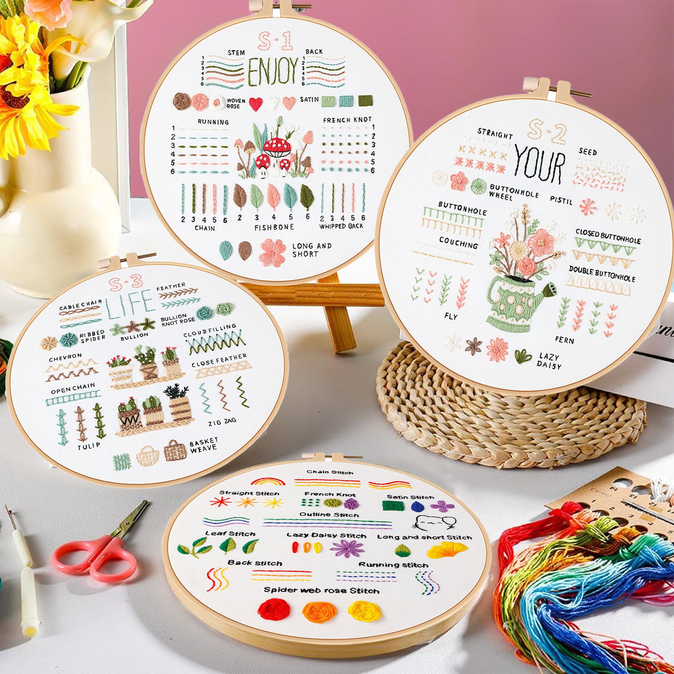 Yalumo Embroidery Kit for Adult Beginners, 4 Pack Stitch Practice Set to Learn 36 Basic Stitches, Hand Cross Stitching Kit with Hoop, Tools, Colorful Threads, and Needles