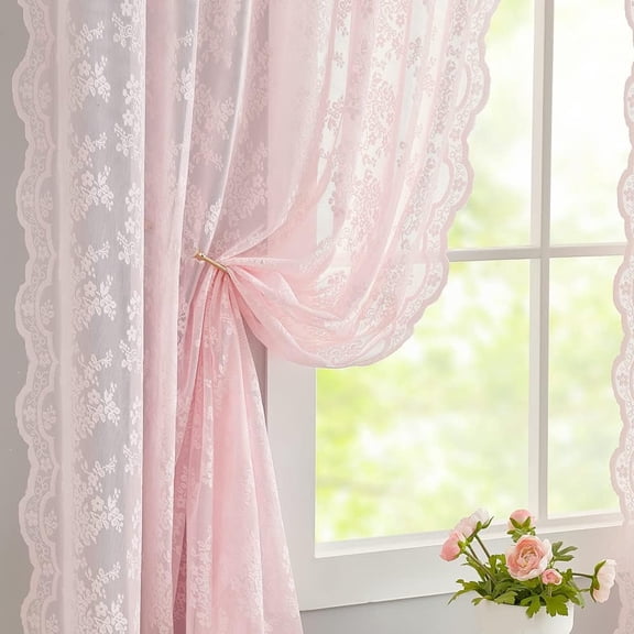 Vintage Lace Curtains 63 Inches Length- Cute Sheer Pink for Girls Bedroom Light Floral Short Window Drapes Princess Room Coquette Decor 2 Panels 52 x63 Inch