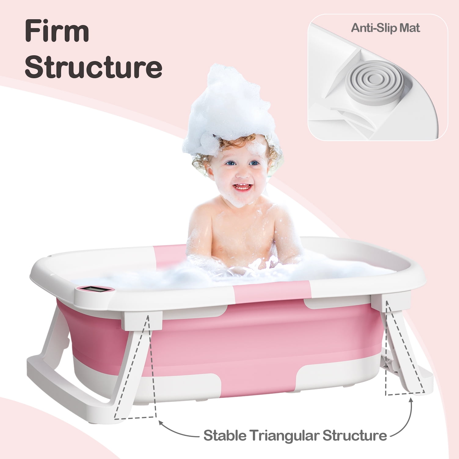 Aprpink Foldable Baby Bathtub PP+TPE with Soft Bath Net&Thermometer for 0-36 Months Toddler Dark Pink