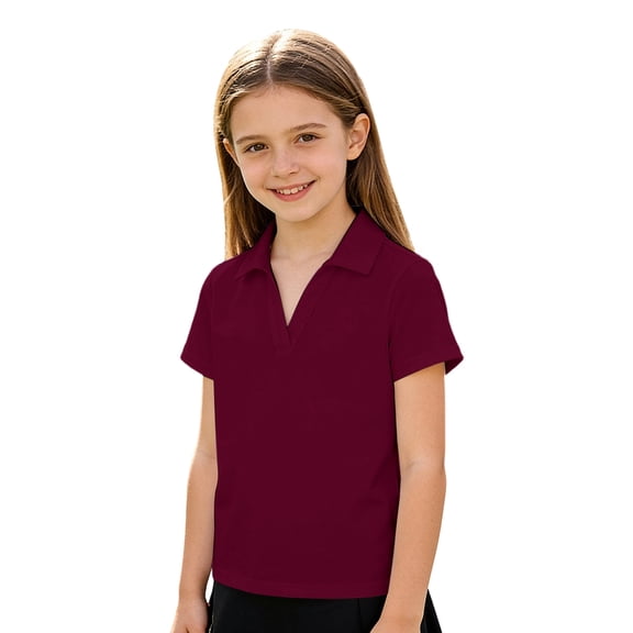lnmuld Girls Solid Color V-Neck Short Sleeve Polo Shirt Color:,Size:9-10 Years
