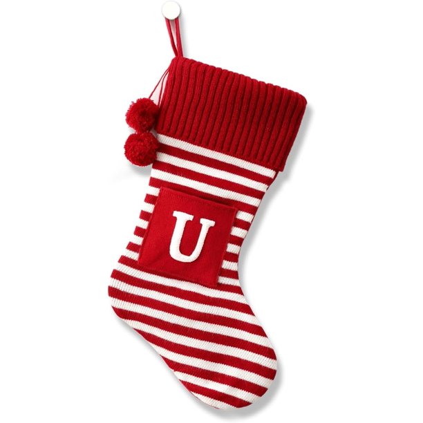 Medias navideñas bordadas con monograma inicial de 20 pulgadas, medias navideñas tejidas a rayas con letras rojas, blancas y verdes para decoración familiar, fiestas y chimeneas de Navidad.