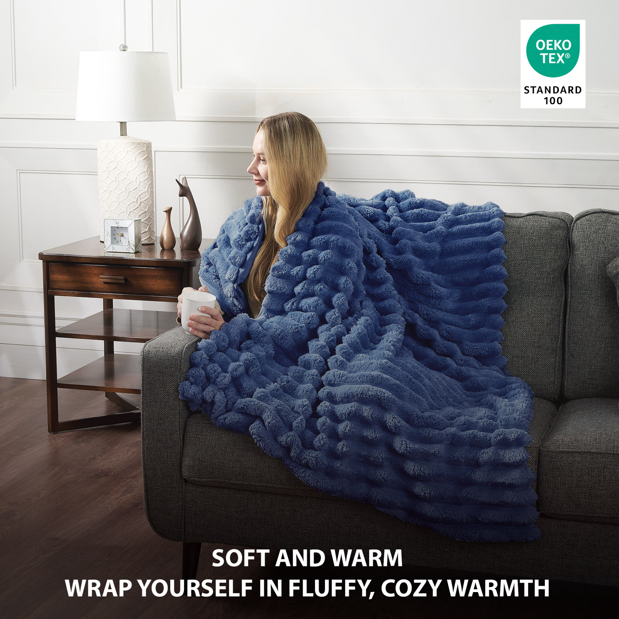 CBCHome Jumbo Velvet Plush Wide Ribbed Throw Blanket - Super Soft, Warm, Cozy Fluffy Throw for Couch, Bed, Sofa - All Season Décor (Dark Denim, 50" x 60")