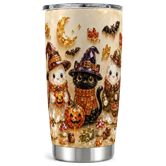 Ghost Cat Tumbler 20oz, Cat Tumbler, Halloween Stainless Steel Travel Cup