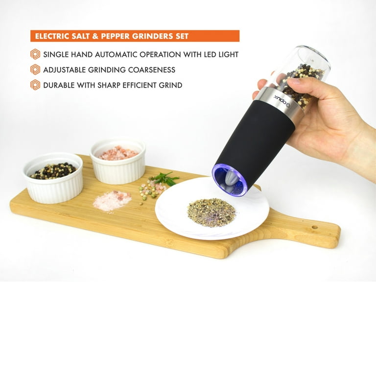 Gravity Electric Salt and Pepper Grinder Set, Automatic Pepper and Salt  Mill Grinder,Battery-Operated with Adjustable Coarseness, Premium Stainless  Steel with LED Light, One Hand Operated 